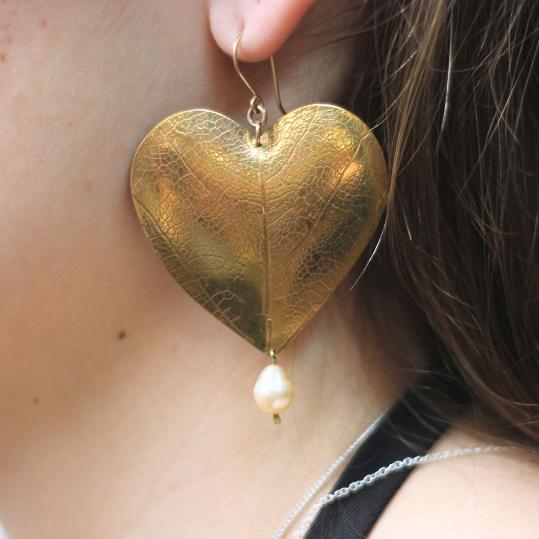 Brass Heart Leaf Earrings