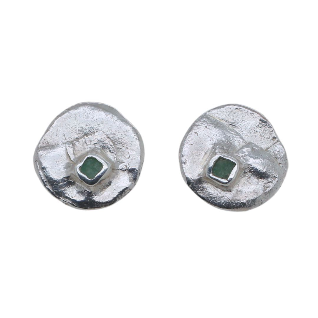 Emerald Silver Button Stud Earrings