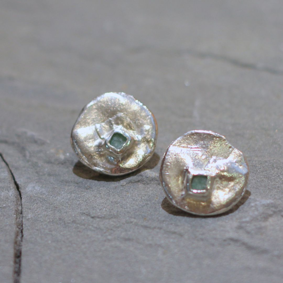 Emerald Silver Button Stud Earrings